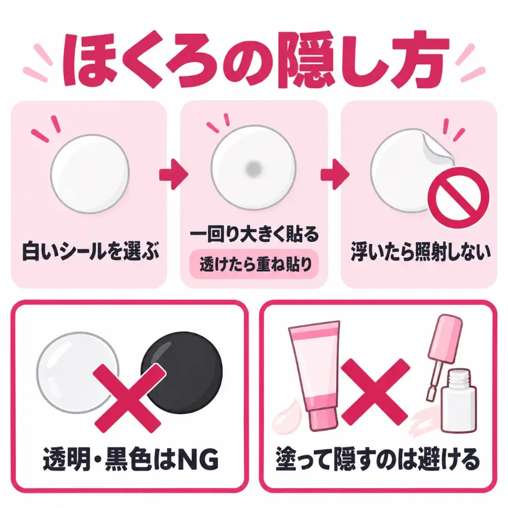 ケノンを使う前のほくろの隠し方。白いシールやテープを選び、ほくろより一回り大きく貼り、浮いたら照射しない。透明や黒っぽいもの、塗って隠す方法は避ける