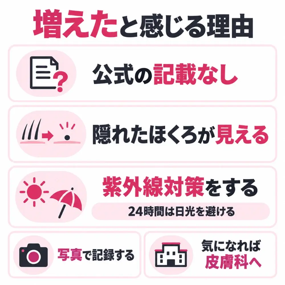 ケノンでほくろが増えたと感じる理由。照射でほくろが増えるという公式の記載はない。脱毛で隠れていたほくろが見えやすくなることがある。紫外線対策もあわせて行う