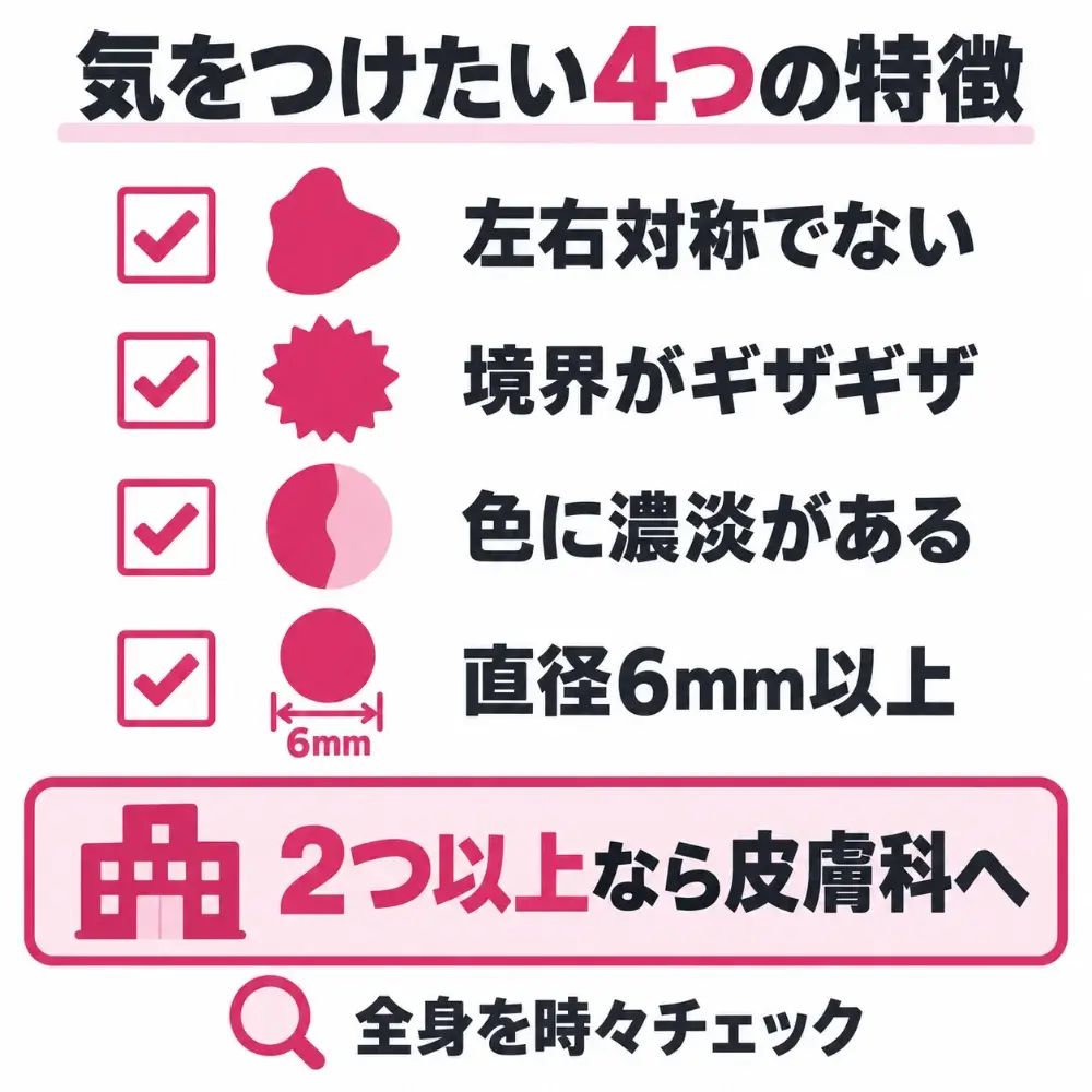日本皮膚科学会が挙げる、気をつけたいほくろの4つの特徴。形が左右対称でない、境界がギザギザ、色に濃淡が混ざる、直径6mm以上。2つ以上当てはまれば皮膚科専門医を受診