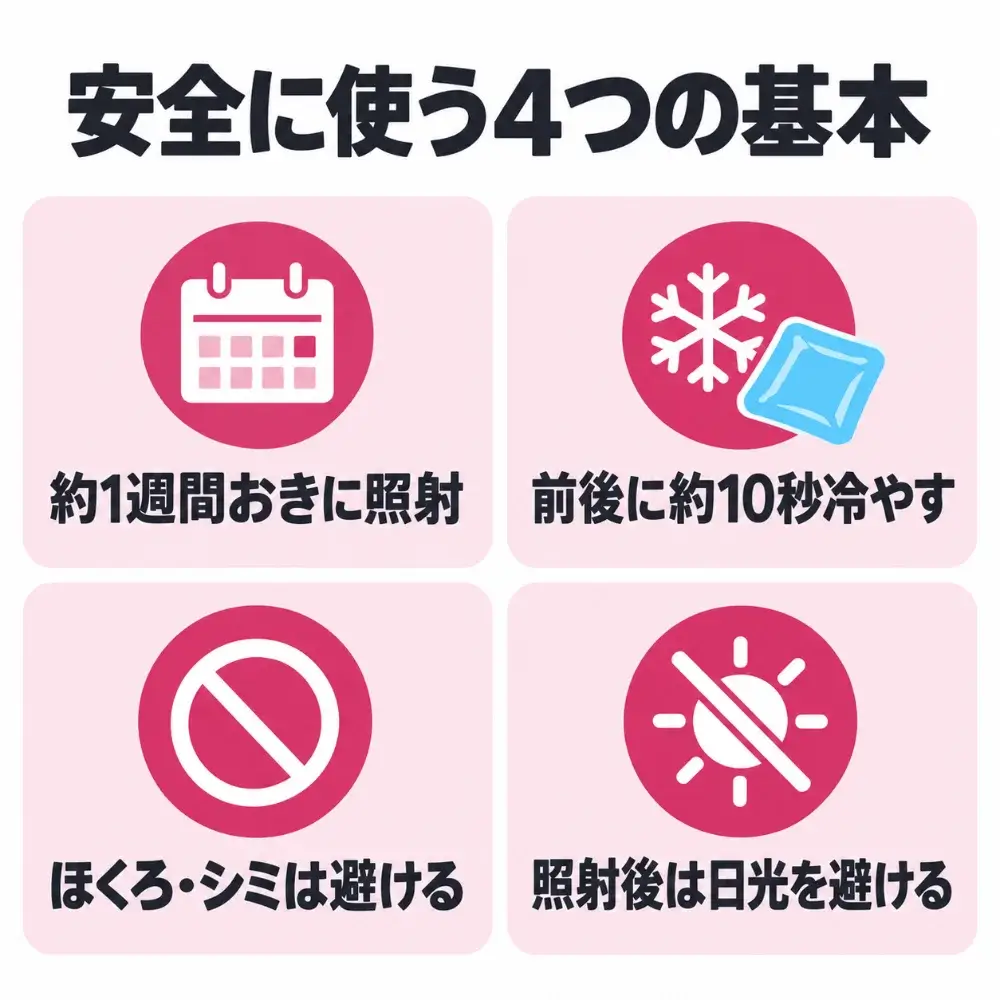 安全に使う4つの基本:約1週間おきに照射、前後に約10秒冷やす、ほくろ・シミは避ける、照射後は日光を避ける